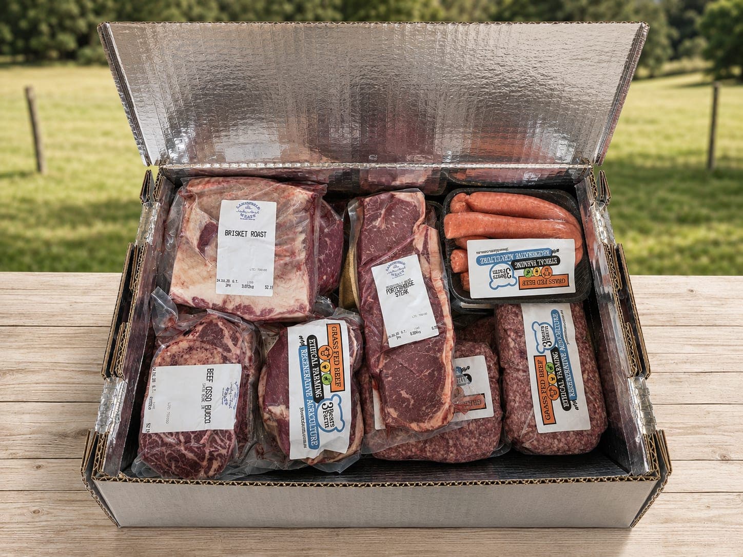 The Family Hamper: an insulated box loaded with labelled cuts — brisket roast, porterhouse steak, osso bucco, sausages and mince